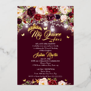 Invitación Con Relieve Metalizado Mariposa floral rugosa de Borgoña Quinceanera