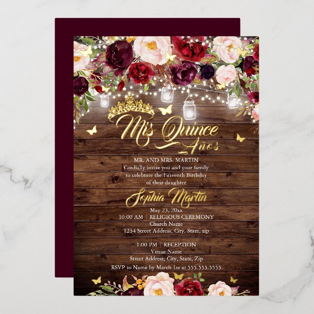 Invitación Con Relieve Metalizado Mariposa floral rugosa Quinceanera (Anverso/Reverso)