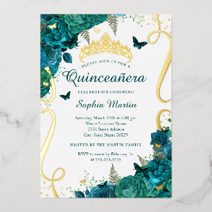 Invitación Con Relieve Metalizado Mariposa Floral Turquesa Elegante Quinceañera 