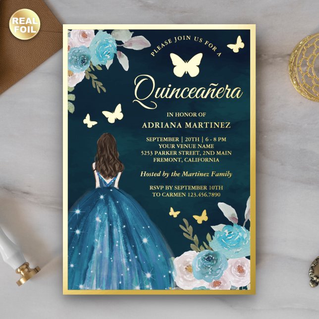 Invitación Con Relieve Metalizado Mariposa floral turquesa Verde azulada Quinceanera (Subido por el creador)