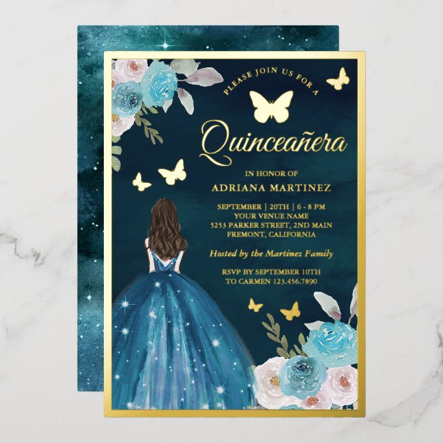 Invitación Con Relieve Metalizado Mariposa floral turquesa Verde azulada Quinceanera (Anverso/Reverso)