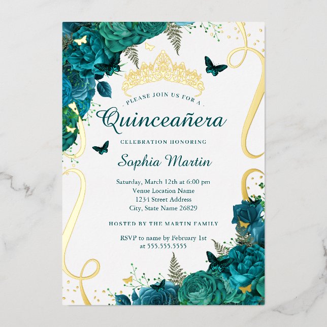 Invitación Con Relieve Metalizado Mariposa floral verde azulada elegante Quinceanera (Anverso)