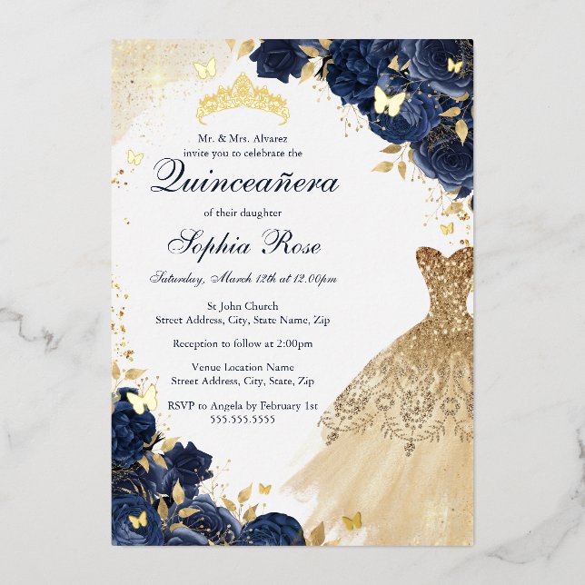 Invitación Con Relieve Metalizado Mariposa Floral Vestido Naval Oro Quinceanera (Anverso)
