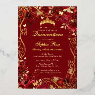 Invitación Con Relieve Metalizado Mariposa Floral Vintage Rojo Dorado Quinceanera 