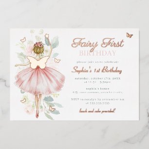 Invitación Con Relieve Metalizado Mariposa Hada de Oro Rosa Cumpleaños Primero 1er