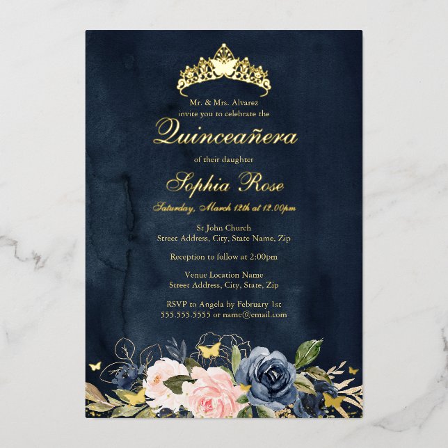 Invitación Con Relieve Metalizado Mariposa Marina Floral Rosa Quinceanera (Anverso)