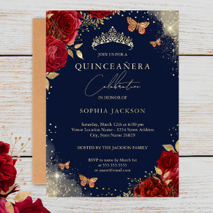 Invitación Con Relieve Metalizado Mariposa Marina Rojo Rosa Oro Tiara Quinceanera