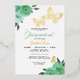 Invitación Con Relieve Metalizado Mariposa Menta Rosas Quinceañera Real