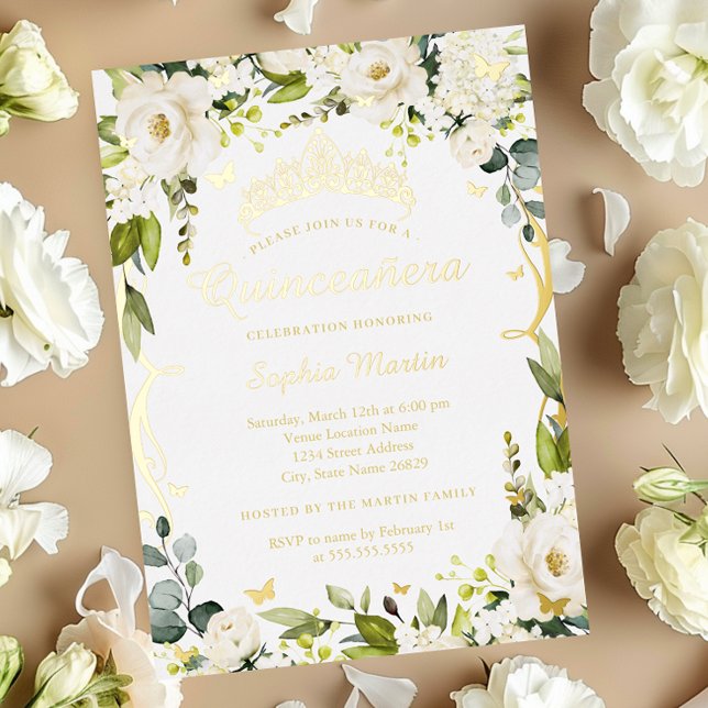Invitación Con Relieve Metalizado Mariposa Oro Champagne Floral Quinceanera (Subido por el creador)