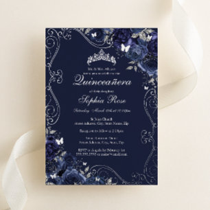 Invitación Con Relieve Metalizado Mariposa Plata Floral Swirl Quinceanera