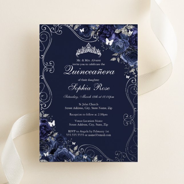 Invitación Con Relieve Metalizado Mariposa Plata Floral Swirl Quinceanera (Subido por el creador)