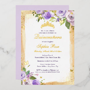 Invitación Con Relieve Metalizado Mariposa Púrpura Floral Rosa Quinceañera