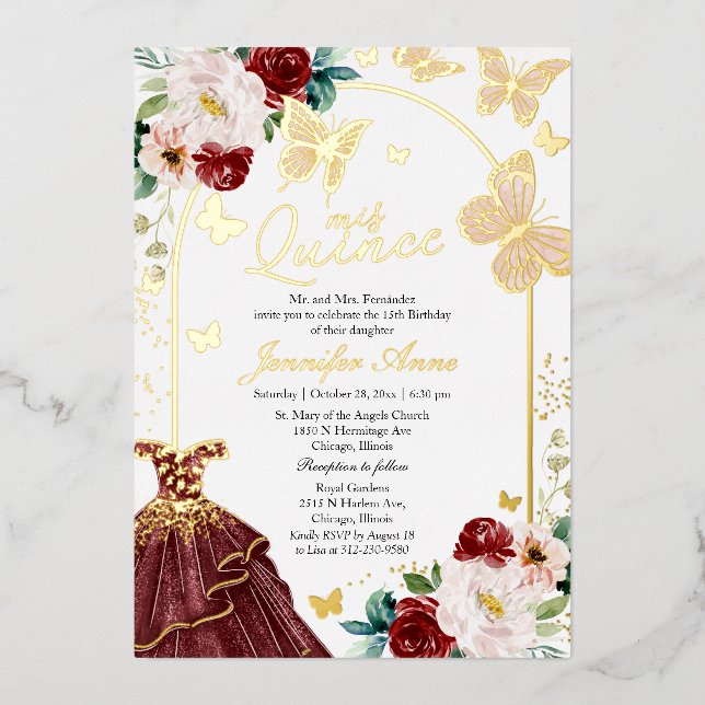 Invitación Con Relieve Metalizado Mariposa Quince Burgundy Marsala Vestido Oro (Anverso)