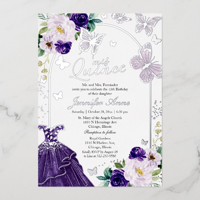 Invitación Con Relieve Metalizado Mariposa Quince Oscuro Vestido Púrpura Plata (Anverso)