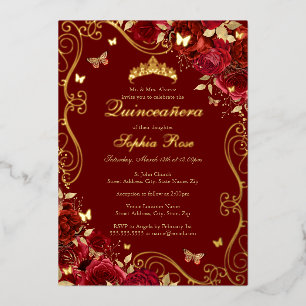 Invitación Con Relieve Metalizado Mariposa Quinceañera Floral Roja Dorada con Remoli
