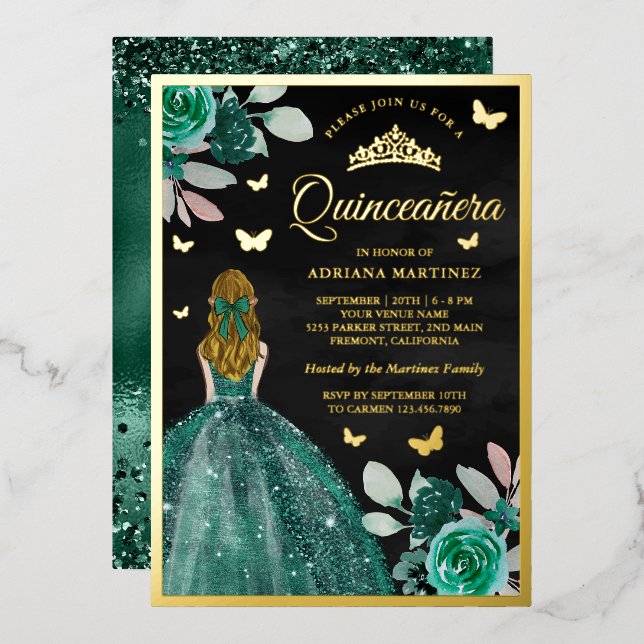 Invitación Con Relieve Metalizado Mariposa Quinceanera Gold (Anverso/Reverso)