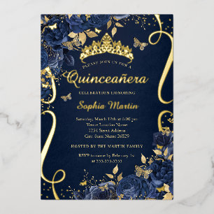 Invitación Con Relieve Metalizado Mariposa Real Marina Flor de oro Quinceanera