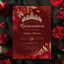Invitación Con Relieve Metalizado Mariposa Rojo Dorado Floral Quinceañera