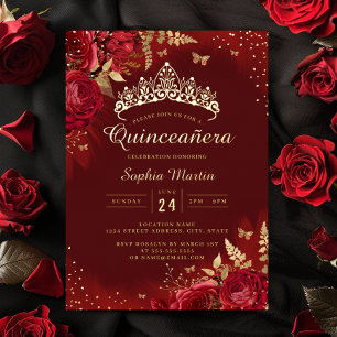 Invitación Con Relieve Metalizado Mariposa Rojo Dorado Floral Quinceañera