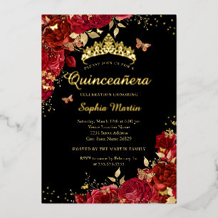 Invitación Con Relieve Metalizado Mariposa Rojo Floral Elegante Oro Quinceanera