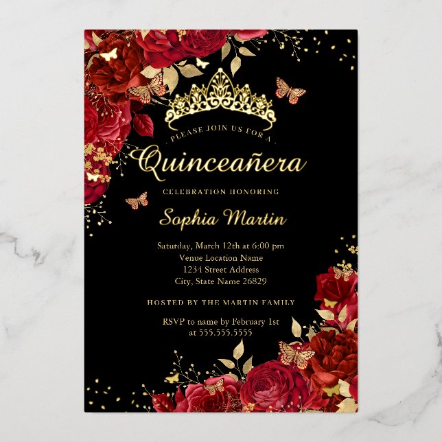 Invitación Con Relieve Metalizado Mariposa Rojo Floral Elegante Oro Quinceanera (Anverso)