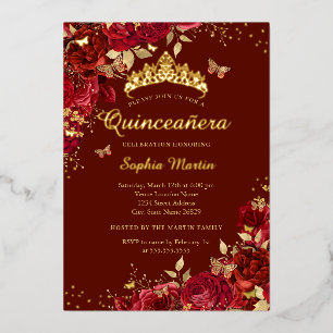 Invitación Con Relieve Metalizado Mariposa Rojo Floral Elegante Quinceanera
