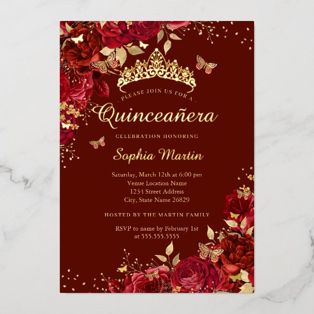 Invitación Con Relieve Metalizado Mariposa Rojo Floral Elegante Quinceanera (Anverso)