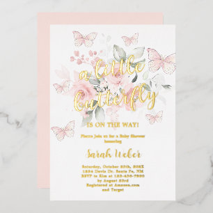 Invitación Con Relieve Metalizado Mariposa Rosa Baby Shower Niña Hoja de Metal Real