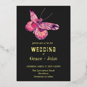 Invitación Con Relieve Metalizado Mariposa rosa brillante