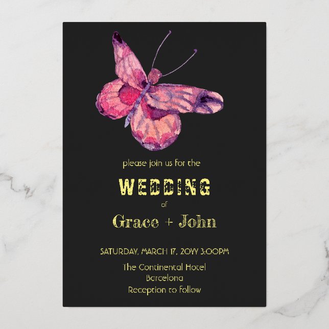 Invitación Con Relieve Metalizado Mariposa rosa brillante (Anverso)