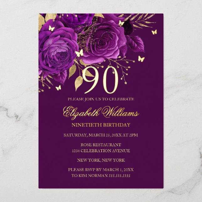 Invitación Con Relieve Metalizado Mariposa Rosa de Oro Púrpura Cumpleaños 90  (Anverso)