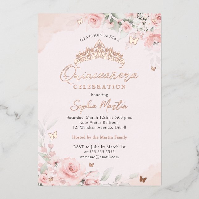 Invitación Con Relieve Metalizado Mariposa Rosa de Oro Rosado Blooming Quinceanera (Anverso)