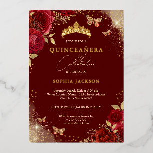 Invitación Con Relieve Metalizado Mariposa Rosa Rojo Oro Tiara Quinceanera