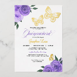 Invitación Con Relieve Metalizado Mariposa Rosas Moradas Quinceañera Real