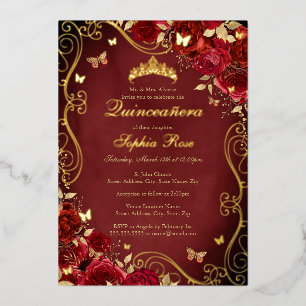 Invitación Con Relieve Metalizado Mariposa Royal Red Floral Gold Swirly Quinceanera