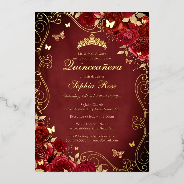 Invitación Con Relieve Metalizado Mariposa Royal Red Floral Gold Swirly Quinceanera (Anverso)