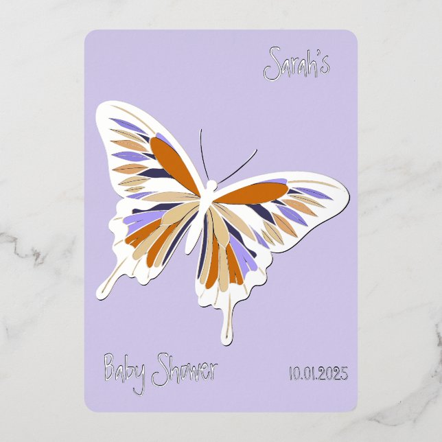 Invitación Con Relieve Metalizado Mariposa Sweet Palette Baby Shower Silver (Anverso)