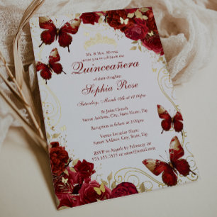 Invitación Con Relieve Metalizado Mariposa Vintage Floral Quinceañera Rojo Dorado