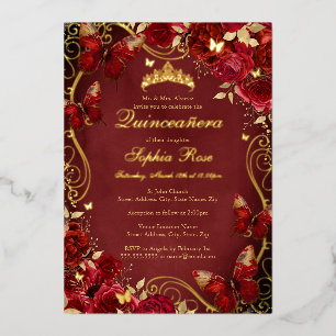 Invitación Con Relieve Metalizado Mariposa Vintage Floral Real Rojo Quinceanera