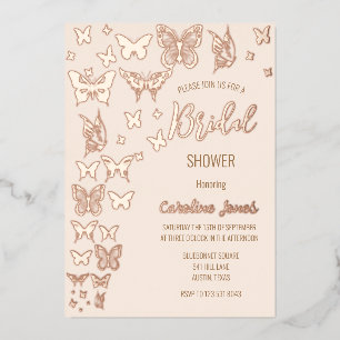 Invitación Con Relieve Metalizado Mariposas Boho Rosa Oro Hoja Regadera Nupcial