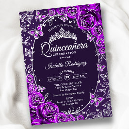 Invitación Con Relieve Metalizado Mariposas de plata morada Rosas Quinceañera