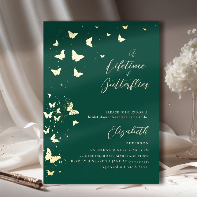 Invitación Con Relieve Metalizado Mariposas de toda la vida Ducha Esmeralda Dorada B (a lifetime of butterflies bridal shower invitation emerald gold romantic elegant boho chic modern)