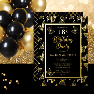 Invitación Con Relieve Metalizado Mariposas Elegantes Cumpleaños 18 Años Negro Oro