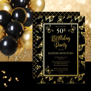 Invitación Con Relieve Metalizado Mariposas Elegantes Cumpleaños 50 Aniversario Negr
