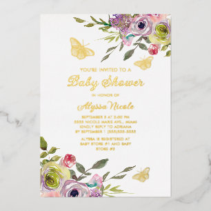 Invitación Con Relieve Metalizado Mariposas Florales Rosa Purpura Oro Hoja Bebe