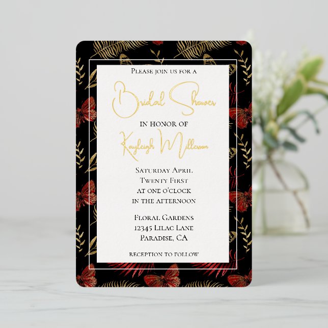 Invitación Con Relieve Metalizado Mariposas negras de oro rojo dejan ducha de novia (Anverso de pie)