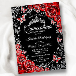 Invitación Con Relieve Metalizado Mariposas Rojas Negras Plateadas Quinceañera
