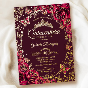Invitación Con Relieve Metalizado Mariposas Rosas Burgundy Oro Quinceañera