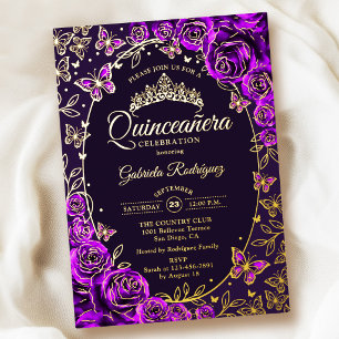 Invitación Con Relieve Metalizado Mariposas Rosas de Oro Púrpura Quinceañera