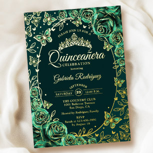 Invitación Con Relieve Metalizado Mariposas Rosas Doradas Verde Esmeralda Quinceañer